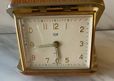 Vintage Elgin Travel Alarm Clock Glowing Hands Wind-up Black Case WORKS Cover