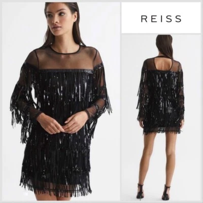 REISS Black Josephine Fringe Sequin Sheer Mini Dress UK 10 NEW Sample +Tiny Flaw - Image 1 of 4