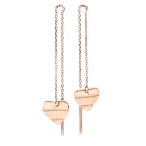 14K Solid Yellow Rose Gold Edge Heart Long Drop Dangle Threader a Pair Earrings - Picture 1 of 9