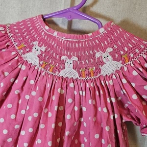 Dibble Dabble Baby Kleinkind Mädchen 24m gesmokter Hase Ostern rosa weiß gepunktet - Bild 1 von 8