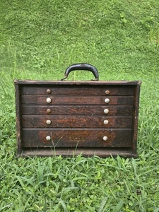 Antique Pilliod Swanton, OH Oak Machinist 5 Drawer Tool Box Chest | 10.5" Tall - Picture 1 of 16