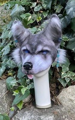 Handmade Grey Wolf Mask with Detachable Eyes and Charm - Image 1 of 4