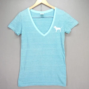 Victoria Secret PINK T Shirt Top Striped Short Sleeve Tee V Neck Casual Size M - Picture 1 of 8