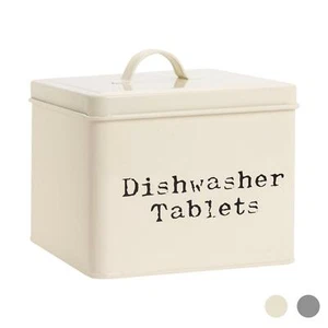 Dishwasher Tablets Storage Container Box Vintage Tin Metal Home Kitchen Cream - Picture 1 of 6
