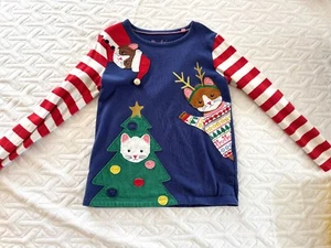 Mini Boden Christmas CATS Long Sleeve Striped Navy Blue/Red/White Tee, 7-8 - Picture 1 of 3