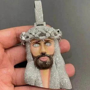 4Ct Round Lab Created Men's Jesus Piece Enamel Pendant 14K White Gold Plated - Picture 1 of 6