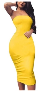 BORIFLORS Women's Sleeveless Tube Top Sexy Strapless Bodycon Club Dress Yellow - Picture 1 of 5