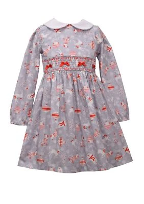 BONNIE JEAN Little Girl's 5 Smocked Christmas Print Dress NWT $55 - Image 1 of 2