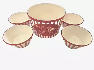 5-Piece Popcorn Bucket Ceramic Hand Painted Set Movie Night Red Retro Decor Bowl - Picture 1 of 24