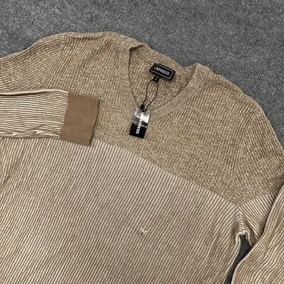 Express Sweater Mens L Tan Brown Ribbed Knit V Neck Colorblock Cotton NEW - Image 1 of 4