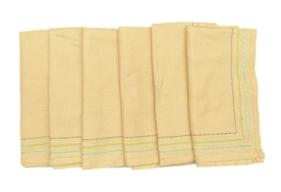 Yellow Square Cotton Blend Dinner Napkins Blue Green Purple Line Embroidered (6) - Image 1 of 4
