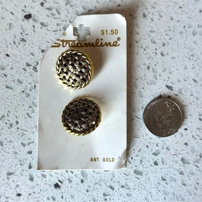 Vintage 1970s Streamline Round Shank 7/8in Buttons On Card Antique Gold Set of 2 - Image 1 of 4