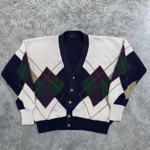 VINTAGE Structure Sweater Mens Large Navy Cream Argyle Cardigan Button Front 90s - Picture 1 of 7