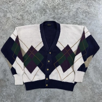 VINTAGE Structure Sweater Mens Large Navy Cream Argyle Cardigan Button Front 90s - Image 1 of 4