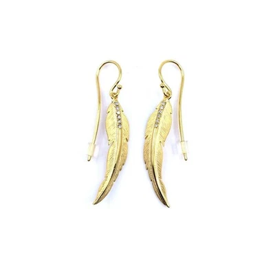 Elegant Women's 18K Yellow Gold Feather Earrings | Natural White Diamonds - Image 1 of 4