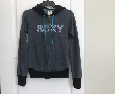 Moletom com capuz vintage Y2K Roxy com zíper pequeno preto cinza coração logotipo praia surf - Imagem 1 de 4