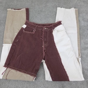 Straight Leg Frayed Patches Women's XS Fits 25x32 Beige Burgundy Denim jeans - Picture 1 of 14