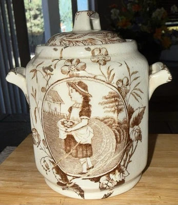 Antiguo tarro de azúcar con tapa Little May W Eggs Brown Transferware Staffordshire  Foto 1 de 4