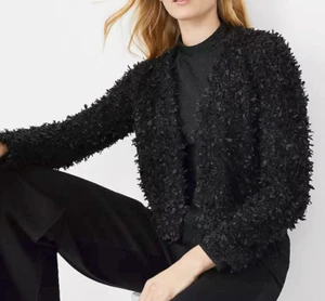 NEW ANN TAYLOR BLACK FEATHERY V-NECK CARDIGAN SWEATER JACKET SZ L - Picture 1 of 6