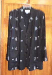 BLOOMINGDALE'S black w/white floral embroidery linen blazer sz 14 woman's - Picture 1 of 3