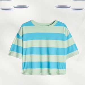 Ex Hush Women’s Short Sleeve Striped Boxy T-Shirt in Blue/Green - Picture 1 of 4