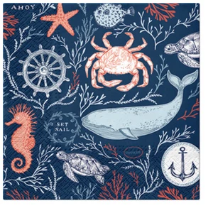 20 Lunch Papierservietten MARINE WORLD Maritim Beach Party Krabbe, Seepferdchen, Wal - Bild 1 von 3