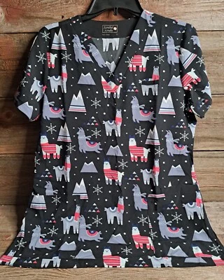 Sanibel Scrubs Womens Size Small Black Llama Print Scrub Top - Image 1 of 4