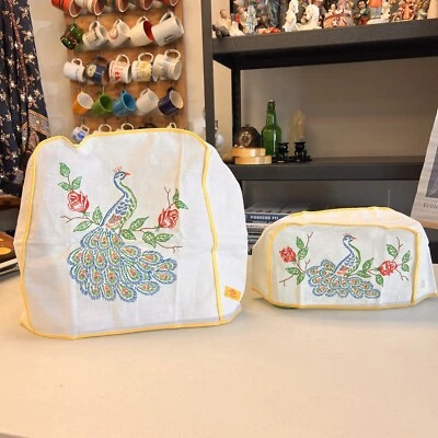 Vintage Colortex Stamped Peacock Toaster Cover & Bread Maker Cover Cotton USA - Image 1 of 4