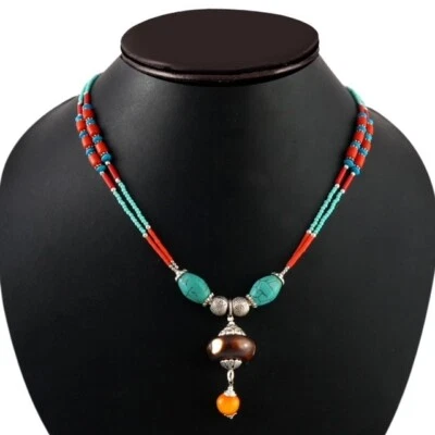 Agate, Turquoise Gemstone Tibetan Style 925 Sterling Silver Necklace Jewelry 18" - Image 1 of 3