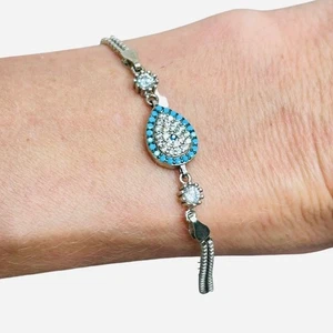 Teardrop Evil Eye Sterling Silver 925 Double Chain Bracelet - Picture 1 of 4
