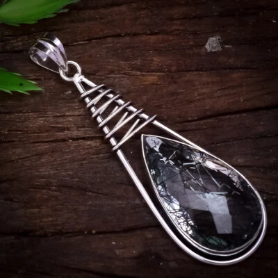 Pendente In Argento Sterling 925 Con Gemma Di Quarzo Rutilato Nero 2.6" - Immagine 1 di 3