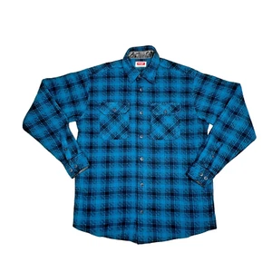 Wrangler Shirt Adult Medium Blue Plaid Blanket Flannel Slit double Pocket Over - Picture 1 of 10