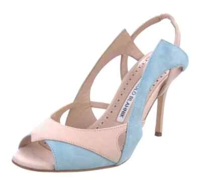 $1045 NEW Manolo Blahnik Senufo Suede Sandals Blue Pink Slingback Heels Shoes 36 - Image 1 of 4
