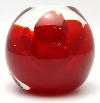Signed McPeek Paperweight Red Flower Controlled Bubble Art Glass 3" - Image 1 of 4