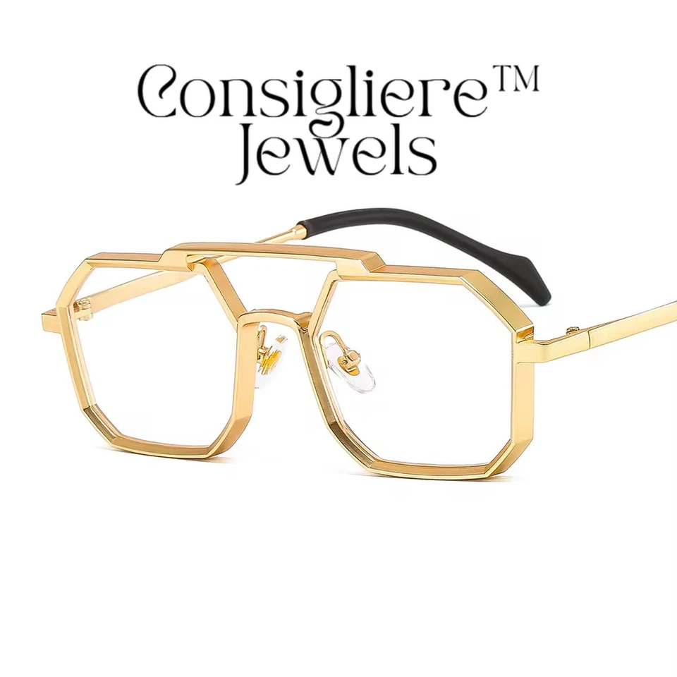 Men’s Designer Geometric Sunglasses – Gold Silver Black – Laser Logo UV400 - Image 1 of 1