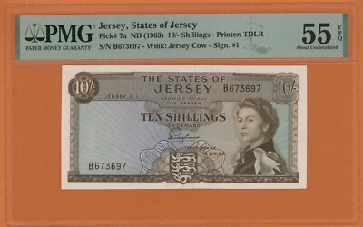 JERSEY  10 SHILLINGS  ( 1963 )   PICK # 7a  PMG 55 ABOUT  UNCIRCULATED EPQ. - Image 1 of 2