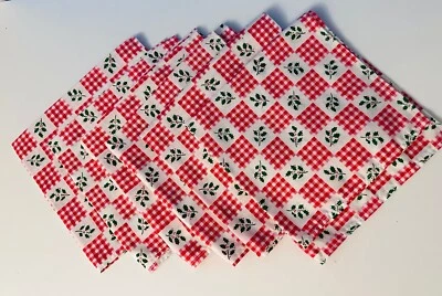 Vintage MCM Christmas Poinsettias And Red Gigham Check Cloth Napkins Set Of 6 - Image 1 of 4