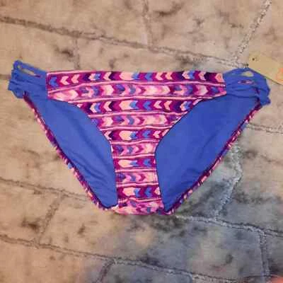 GB NWOT Blue Pink Purple Geometric Strappy Side Bikini Bottom LARGE - Image 1 of 4