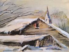 New England Painting F J Pearsall Barn Church Snow Winter Original Water Color  