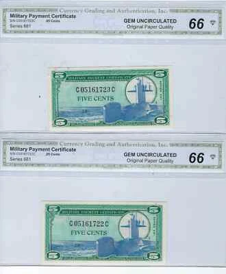 MPCs Military Payment Certificate 5 cents X2 Consecutive Series 681 +Gift!  M2EZ - Image 1 of 4