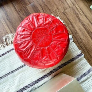 Handmade Moroccan Pouf, Authentic Leather, Hand-stitched Ottoman, Red - Picture 1 of 5