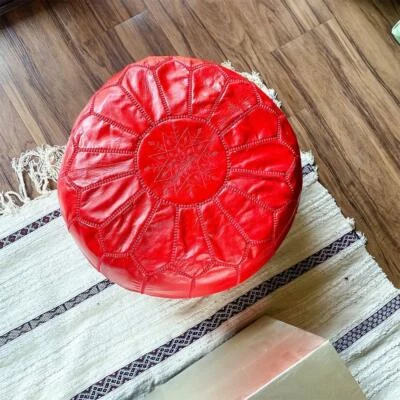 Handmade Moroccan Pouf, Authentic Leather, Hand-stitched Ottoman, Red - Image 1 of 4