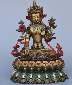 13" Tibet Buddhism Temple Bronze Painting 7 eyes White Tara Goeess Buddha Statue - Picture 1 of 12