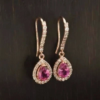 14K Rose Gold plated 4Ct Lab Created Sapphire Pretty Drop & Dangle Earrings - Image 1 of 4