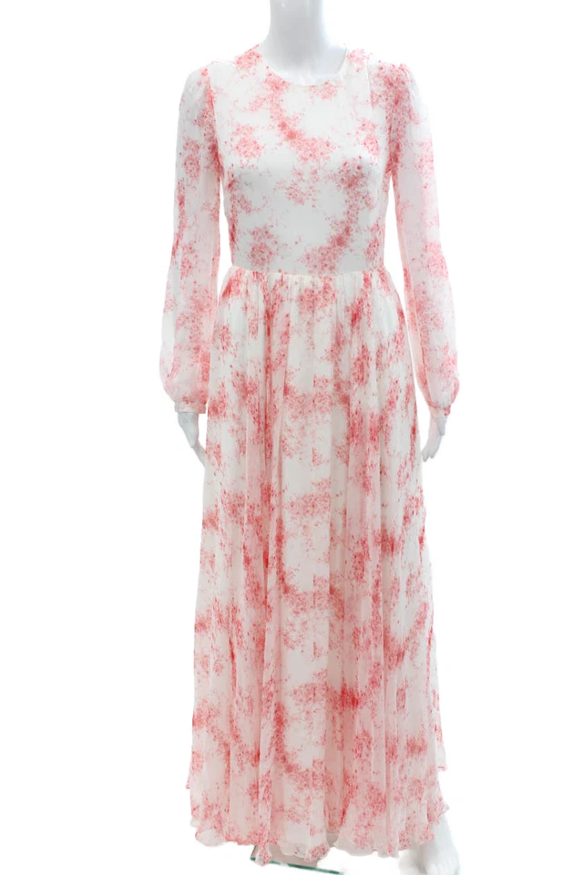 Valentino Womens Long Sleeve Crew Neck Floral Silk Dress White Pink Size 6 - Image 1 of 4