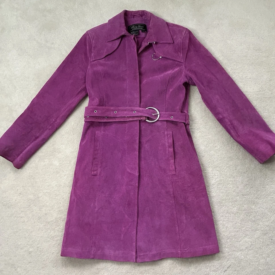 Vintage Y2K Terry Lewis Purple Suede Leather Trench Coat Women’s XS Belted - Image 1 of 4