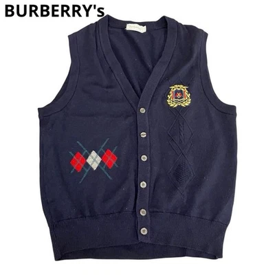 Men size L Vest Burberry Wool Knit Vest Navy Patch Embroidery Tops Original - Image 1 of 4