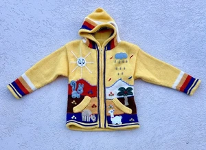 Kids Peruvian Alpaca Cotton Knit Handmade Zip Hood Cardigan Sweater 6-7 - Picture 1 of 6