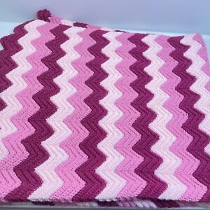 chevron throw afghan blanket pink handmade crochet knit 46x50 retro classic