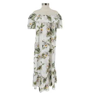 Ohana Wear Maxi Dress White Hawaiian Tropical Floral Off Shoulder Ruffle Medium - Picture 1 of 8